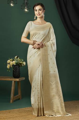 Cream nylon jacquard fancy saree with blouse