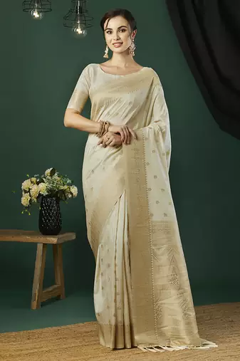 Cream nylon jacquard fancy saree with blouse