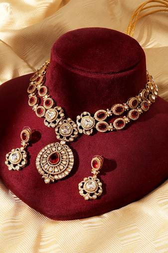 Gold plated red stone kundan necklace set