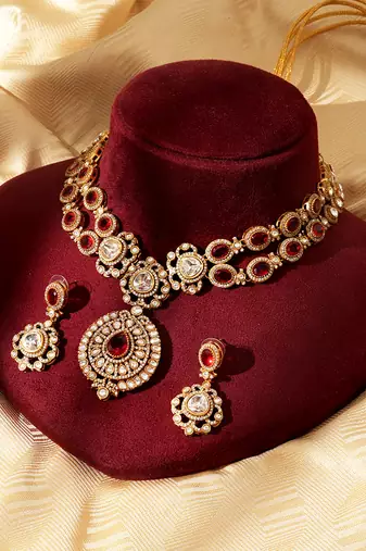 Gold plated red stone kundan necklace set