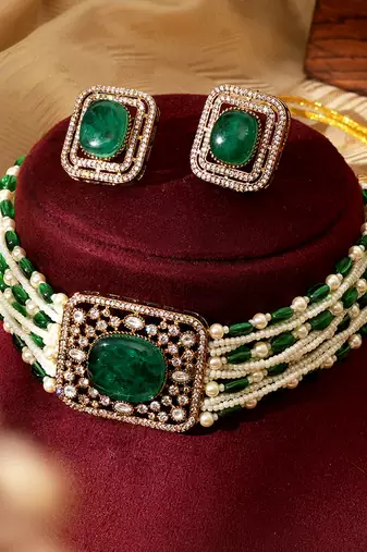 Gold plated green stone kundan Choker necklace set