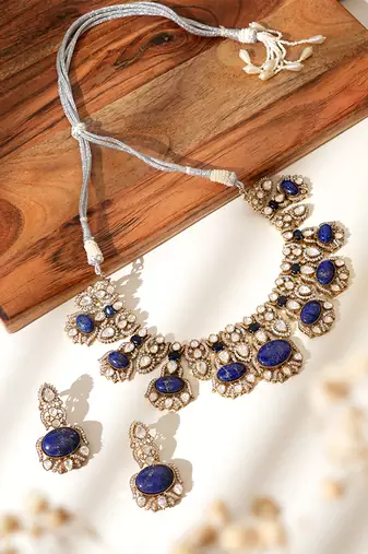 Gold plated blue stone kundan necklace set