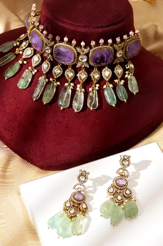 Gold plated multicolor kundan Choker necklace set