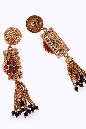 Traditional temple and flower design black bead gold plated long bead chain mangalsutra set for women