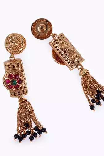 Traditional temple and flower design black bead gold plated long bead chain mangalsutra set for women
