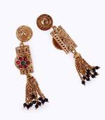 Traditional temple and flower design black bead gold plated long bead chain mangalsutra set for women