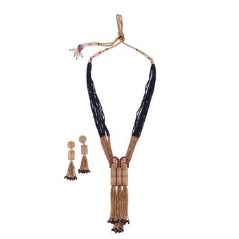 long black bead mangalsutra set with temple pendant & earrings 1