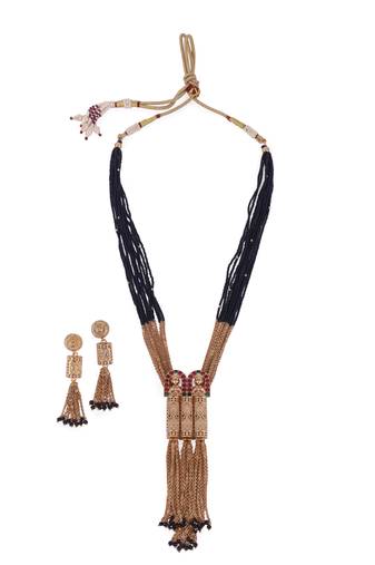 Traditional temple chain lariat black bead gold plated long bead chain mangalsutra set for women