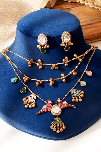 Gold plated multicolor kundan necklace set