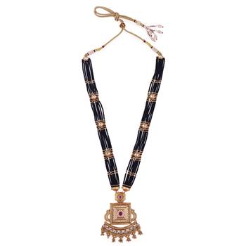 Traditional flower and square shape black bead gold plated long bead chain mangalsutra for women 1