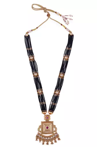 Traditional flower and square shape black bead gold plated long bead chain mangalsutra for women