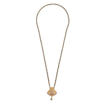 gold tone long mangalsutra with black beads & oval pendant 1