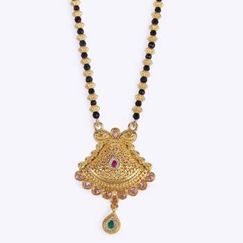 gold tone long mangalsutra with black beads & oval pendant 2