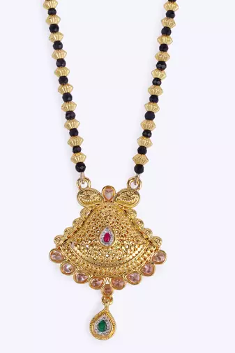 gold tone long mangalsutra with black beads & oval pendant