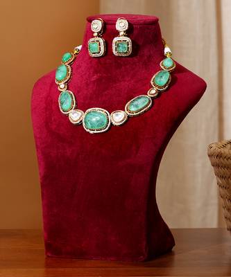 Gold plated sage green kundan necklace set 1