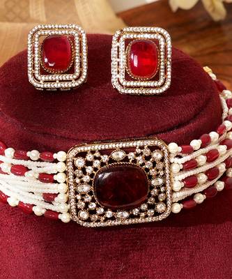 Gold plated red stone kundan Choker necklace set 2