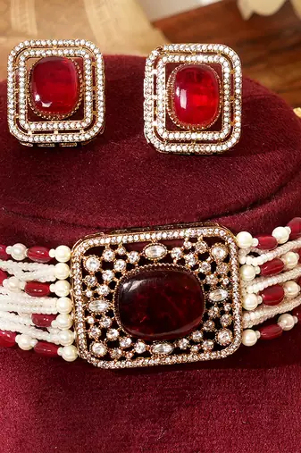 Gold plated red stone kundan Choker necklace set