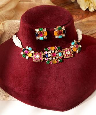 Gold plated multicolor kundan necklace set 1