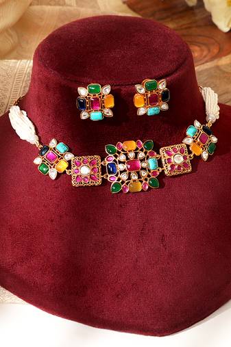 Gold plated multicolor kundan necklace set