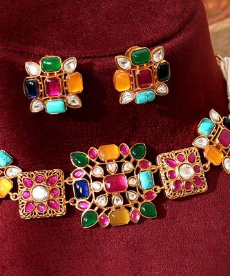 Gold plated multicolor kundan necklace set 2