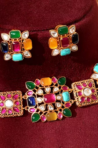 Gold plated multicolor kundan necklace set