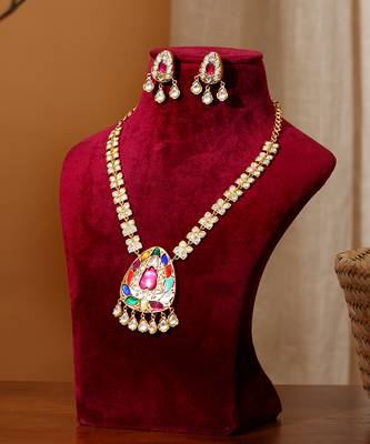 Gold plated multicolor kundan necklace set 1