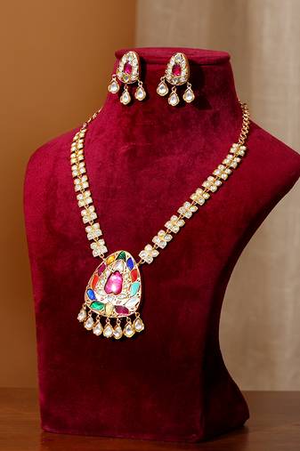 Gold plated multicolor kundan necklace set