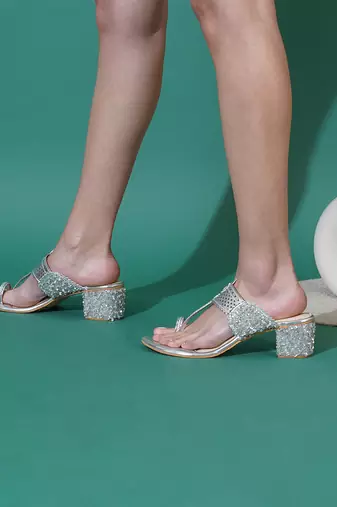 Silver embroidered Kolhapuri block heels