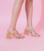 Gold embroidered block Kolhapuri heels