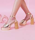 Gold embroidered block high heels