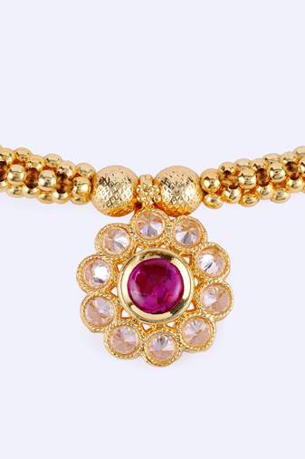 Traditional round shape golden balls pink stone gold plated choker necklace set for women