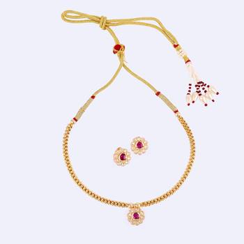 Traditional round shape golden balls pink stone gold plated choker necklace set for women 3
