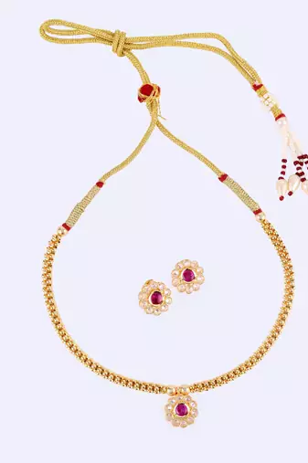 Traditional round shape golden balls pink stone gold plated choker necklace set for women