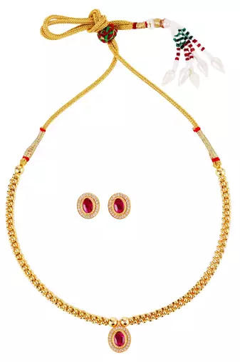 Traditional round shape golden balls pink stone gold plated choker necklace set for women