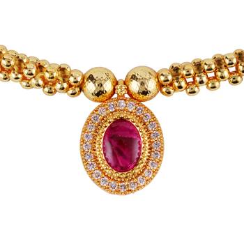 Traditional round shape golden balls pink stone gold plated choker necklace set for women 2