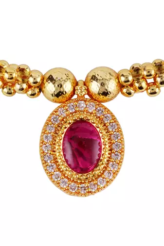 Traditional round shape golden balls pink stone gold plated choker necklace set for women