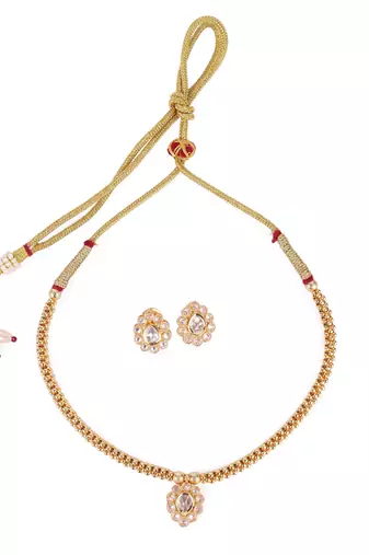 Traditional oval shape golden balls white stone gold plated necklace set for women