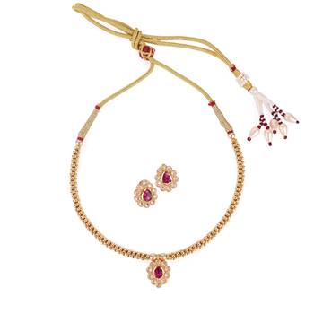 Traditional oval shape golden balls pink stone gold plated choker necklace set for women 1