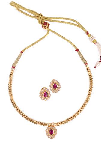 Traditional oval shape golden balls pink stone gold plated choker necklace set for women