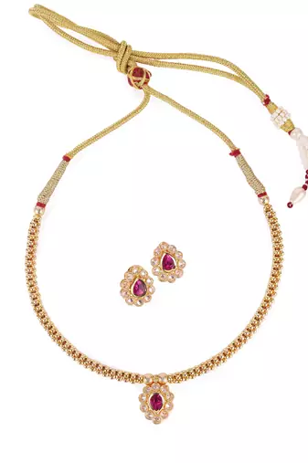 Traditional oval shape golden balls pink stone gold plated choker necklace set for women