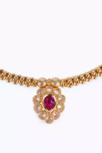 Traditional oval shape golden balls pink stone gold plated choker necklace set for women