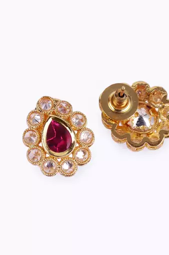 Traditional oval shape golden balls pink stone gold plated choker necklace set for women