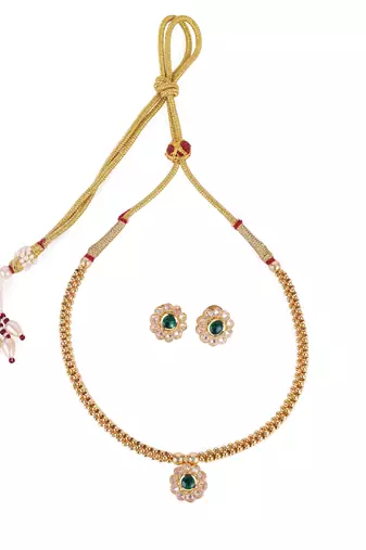 Traditional round shape golden balls green stone gold plated choker necklace set for women