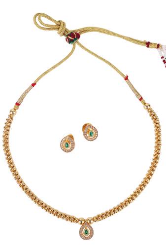 Traditional oval shape golden balls green stone gold plated choker necklace set for women