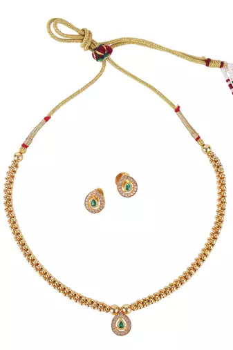 Traditional oval shape golden balls green stone gold plated choker necklace set for women