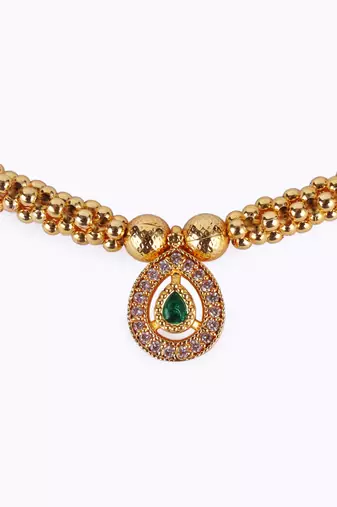 Traditional oval shape golden balls green stone gold plated choker necklace set for women