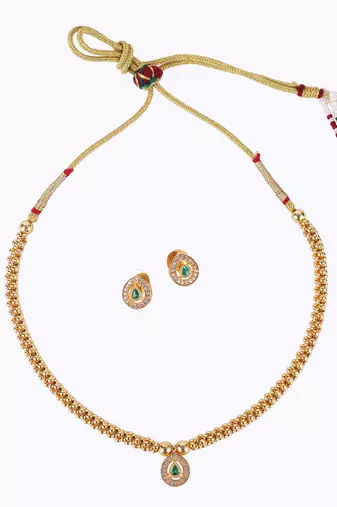 Traditional oval shape golden balls green stone gold plated choker necklace set for women