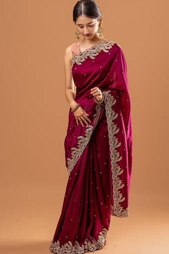 Dark Rani Pink Color Rangoli Silk Rivet Work And Embroidery Sequence With Zari Work Saree