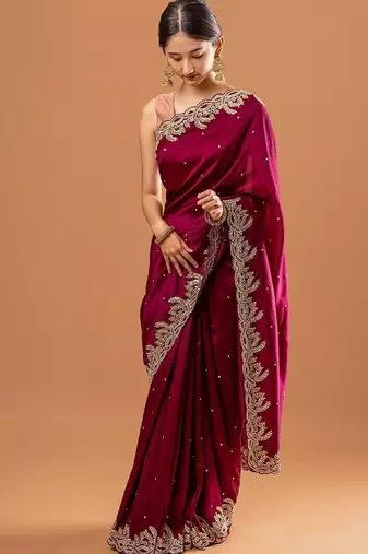 Dark Rani Pink Color Rangoli Silk Rivet Work And Embroidery Sequence With Zari Work Saree