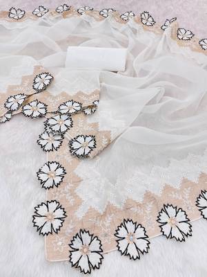 Black Color With Intricate Multithread Embroidery And Floral Butta White Organza Saree 3